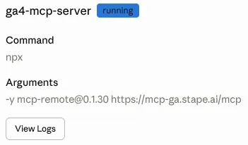 Claude Desktop connector settings showing ga4-mcp-server running through npx mcp-remote with Stape's MCP address